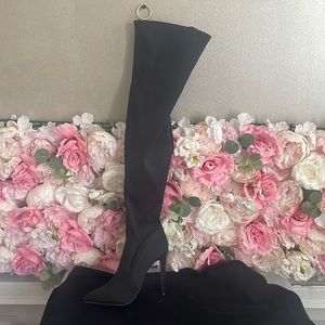 Black with gold zipper over the knee boots